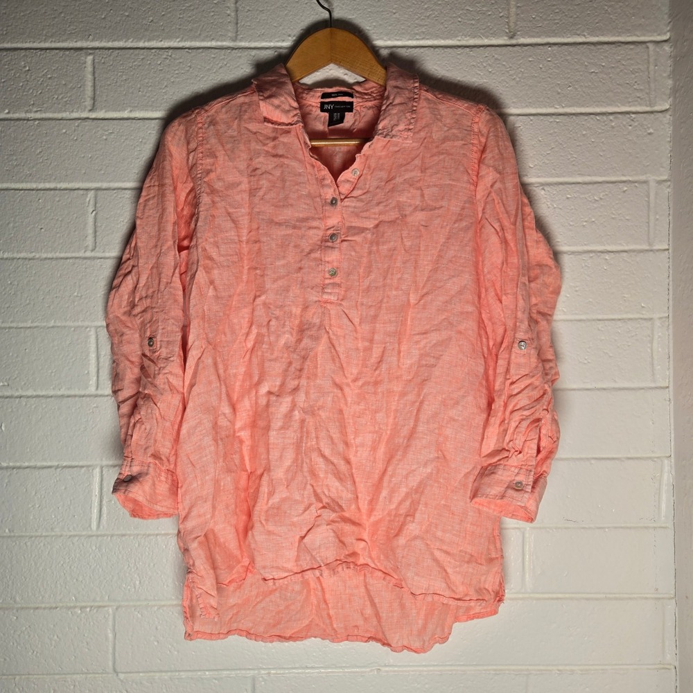 Jones New York Womens Tunic Top Pink 100% Linen Roll Tab Sleeve Henley Beach 1X